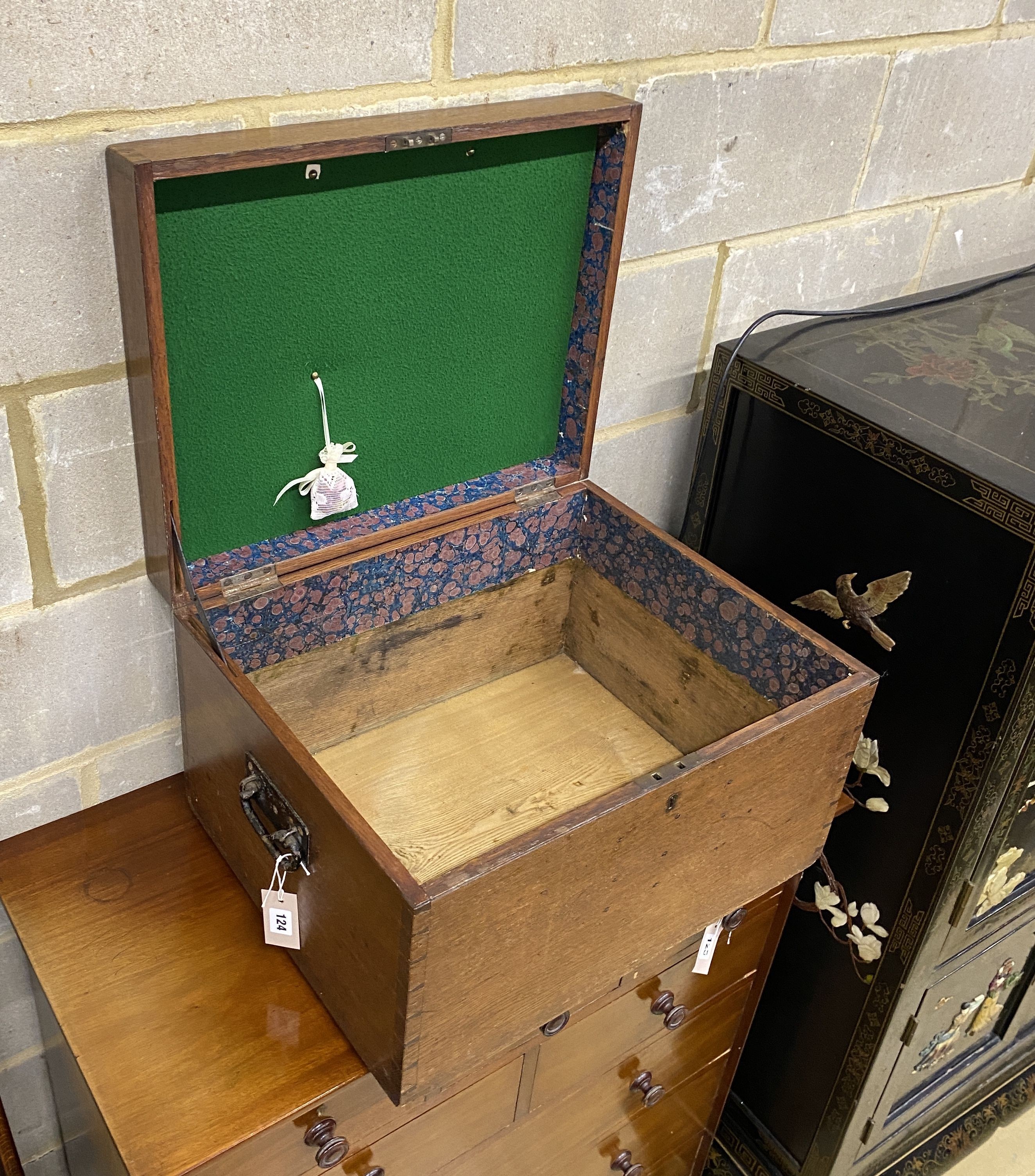 A Victorian oak box, the cover with engraved brass plaque R. Foster Esq., length 56cm, depth 45cm, height 36cm